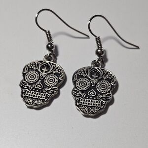 Silver Tone Sugar Skull Dangling Earrings
